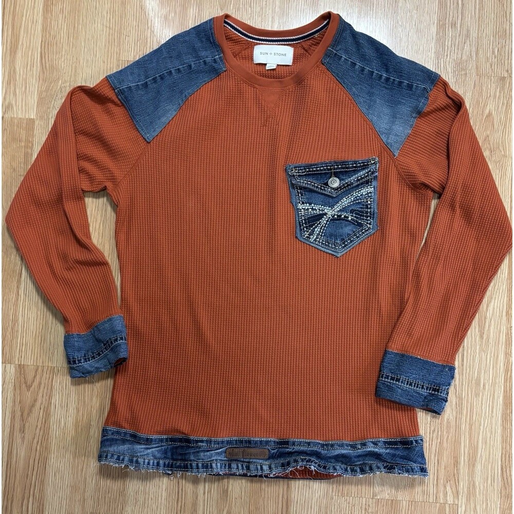 Upcycled Thermal Women’s  Denim Shirt Long Sleeves Size XL Rust Blue Jean Retro